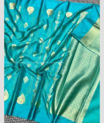Blue Turquoise and Golden color Banarasi sarees with all over strips design -BANS0018996