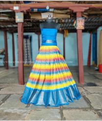 Light Yellow and Aqua Blue color Ikkat Lehengas with Pochampally Border Design-IKPL0000781