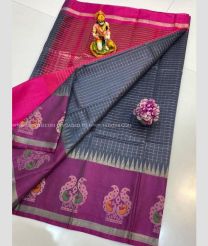 Pink and Grey color Kollam Pattu sarees with kaddy border design -KOLP0001830