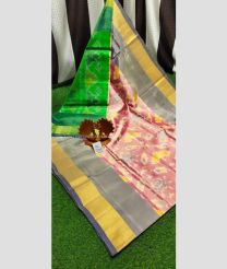 Green and Grey color Uppada Soft Silk handloom saree with All over Pochampally design-UPSF0002089