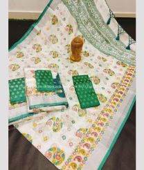 Half White and Blue Turquoise color linen sarees handloom saree with all over digital printed sarees design -LINS0000299