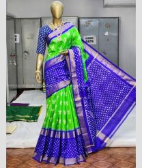 Parrot Green and Royal Blue color pochampally ikkat pure silk handloom saree with All over Pochampally ikkat design-PIKP0016995
