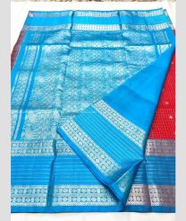 Tomato Red and Blue color venkatagiri pattu sarees with all over checks and buttas design -VAGP0001150