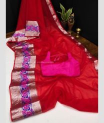 Red and Blue color Organza sarees with zari border saree design -ORGS0000460