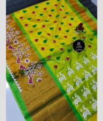Yellow and Parrot Green color Tripura Silk handloom saree with All over Pochampally Ikkat Design-TRPP0003845