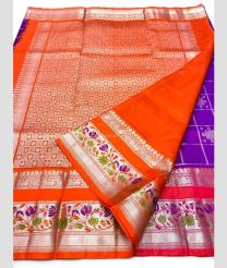 Purple and Orange color venkatagiri pattu sarees with all over checks and buttas design -VAGP0001171