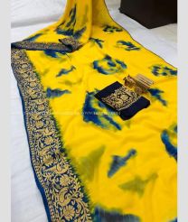 Yellow and Peacock Blue color Georgette handloom saree with peacock border saree design -GEOS0000234