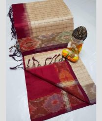 Cream and Burgundy color Tripura Silk handloom saree with all over check with 2 sides pochampalli border design -TRPP0003892