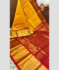Mango Yellow and Red color kuppadam pattu handloom saree with Jari Border Design-KUPP0048395