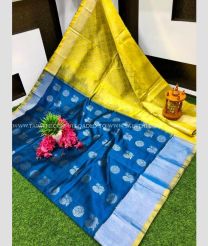Blue Ivy and Acid Green color kuppadam pattu handloom saree with all over silver peacock buties saree design -KUPP0028039