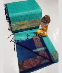 Turquoise and Navy Blue color Tripura Silk handloom saree with All over Checks Design-TRPP0003894