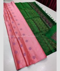 Peach and Dark Green color kanchi pattu handloom saree with All over Buttas Design-KANP0006471