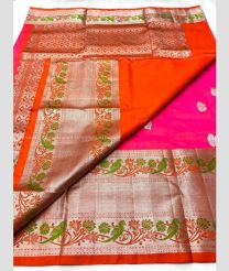 Orange and Pink color venkatagiri pattu handloom saree with all over peacock buties design -VAGP0000382