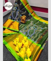 Pine Green and Parrot Green color Tripura Silk handloom saree with All over Ikkat Design-TRPP0003833