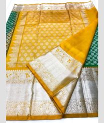 Dark Green and Mustard Yellow color venkatagiri pattu sarees with all over kalamjali design -VAGP0001148