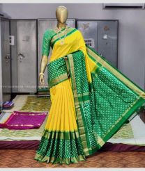 Yellow and Green color pochampally ikkat pure silk handloom saree with All over Pochampally ikkat design-PIKP0016986