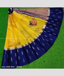 Yellow and Navy Blue color kuppadam pattu handloom saree with All over Checks Design-KUPP0029708