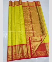 Yellow and Red color kanchi pattu handloom saree with big border saree design -KANP0005814