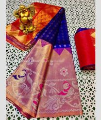Royal Blue and Red color kuppadam pattu handloom saree with Jari Border Design-KUPP0025971