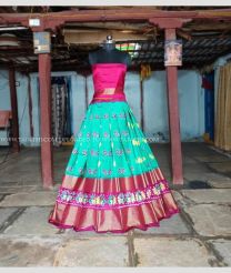 Sea Green and Pink color Ikkat Lehengas with Pochampally Border Design-IKPL0000794