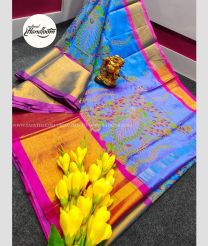 Blue and Magenta color Tripura Silk handloom saree with all over ikkat print design -TRPP0003832