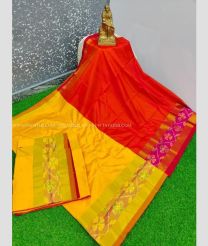 Mango yellow and Magenta color Uppada Soft Silk handloom saree with Pochampally Border Design-UPSF0002162