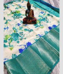 Half White and Teal color linen sarees with kanchi border saree design -LINS0000834