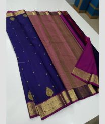 Navy Blue and Magenta color kanchi pattu sarees with double border design -KANP0014006