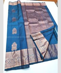 Peacock Blue and Copper color kanchi pattu handloom saree with Jari Border Design-KANP0006567