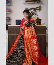Black and Orange color pochampally ikkat pure silk sarees with all over pochampally ikkat design -PIKP0038397