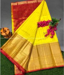 Red and Yellow color kuppadam pattu handloom saree with Kanchi Border Design-KUPP0046169