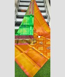 Mustard Yellow and Green color Uppada Soft Silk sarees with pochampally border design -UPSF0004261