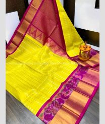 Yellow and Magenta color kuppadam pattu handloom saree with Pochampally Border Design-KUPP0042787