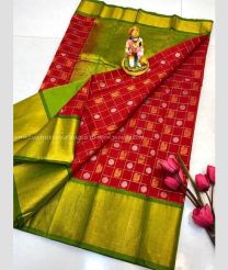 Red and Green color kuppadam pattu sarees with all over checks and buttas design -KUPP0097315