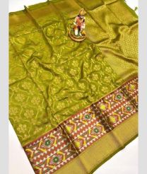Acid Green and Chestnut banarasi sarees with Pochampally Border design