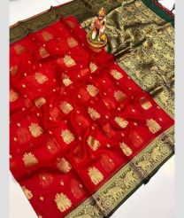 Red and Green banarasi sarees with Pochampally Border design