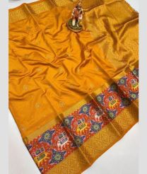 Yellow and Carrot Orange banarasi sarees with Pochampally Border design