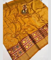 Yellow and Lite Brown banarasi sarees with Pochampally Border design