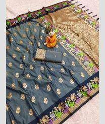 Bluish Grey and Black banarasi sarees with All over Buttas design