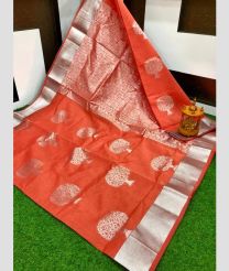Orange And Silver Colour  chanderi soft silk sarees with all over checks and buttas design