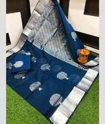 Blue And Silver Colour chanderi soft silk sarees with all over checks and buttas design