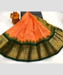 coral and silver colour chenderi silk sarees with Kuppadam Border design