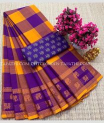yellow and indigo colour chettinad cotton sarees with All over Checks design - CHTC0000139
