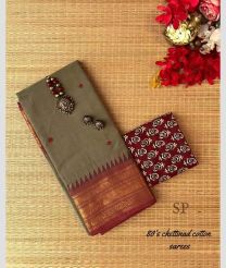 Grey and Red chettinad cotton sarees with Jari Border design