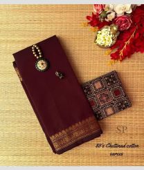 Maroon and Brown chettinad cotton sarees with Jari Border design