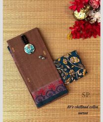 Lite Brown and Blue Ivy chettinad cotton sarees with Jari Border design