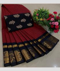 maroon red colour chettinad cotton sarees with Jari Border design