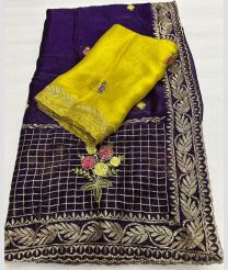 Plum Purple and Yellow chiffon sarees with All over Embroidary design