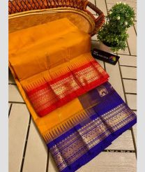 Yellow and Red gadwal cotton sarees with temple border design