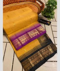 Yellow and Magenta gadwal cotton sarees with temple border design